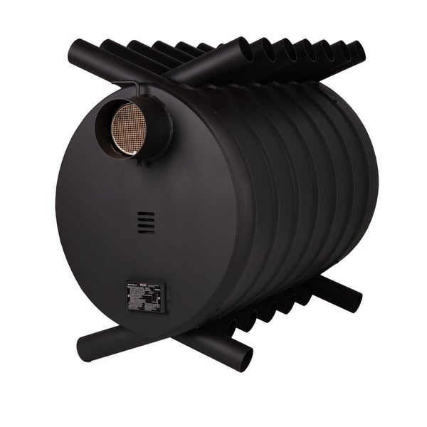 Schwarzer Saunaofen aus Metall mit rohrförmigem Design