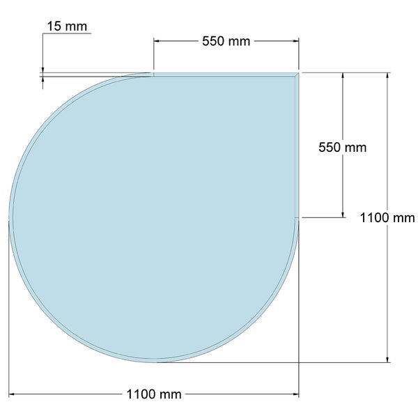 Technische Zeichnung einer Glasbodenplatte in Tropfenform mit den Maßen 1100 mal 1100 Millimeter und einer Facette von 15 Millimeter.