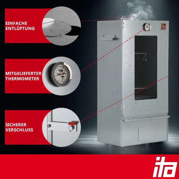 Räucherofen aus Metall mit Thermometer, Entlüftungsklappe und Riegelverschluss. Mit Sichtfenster und ita Logo.
