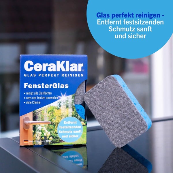 CeraKlar FensterGlas Reinigungsset mit Spezialschwamm zur chemiefreien Reinigung aller Glasflächen nass und trocken.