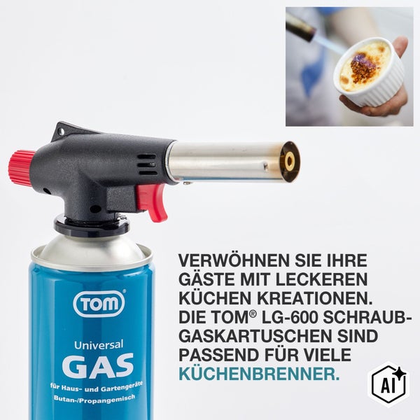 TOM Gaskartusche LG 600 mit aufgesetztem Küchenbrenner zum Flambieren von Speisen.