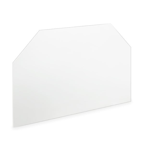 Transparente Funkenschutzplatte aus Glas in sechseckiger Form für Kaminöfen.
