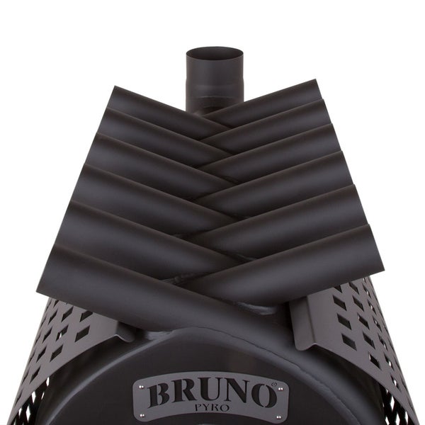 Detailansicht eines Kaminofens mit Schornstein und Lüftungsgittern sowie Bruno Pyro Logo.