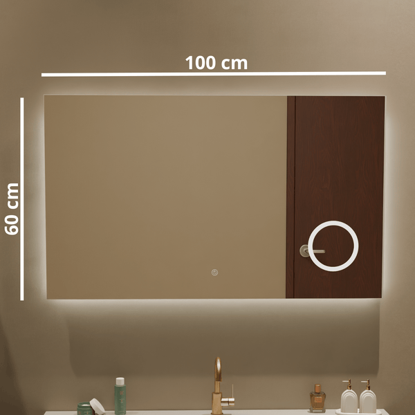 Badezimmerspiegel mit LED Beleuchtung und Holzoptik Elementen 100 mal 60 Zentimeter mit integrierter Leuchte und Touch Schalter