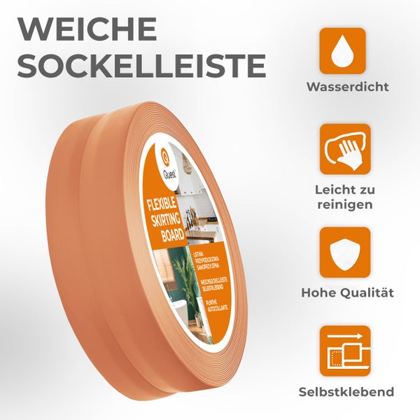 Rolle einer flexiblen, selbstklebenden Sockelleiste mit Symbolen für Wasserbeständigkeit, einfache Reinigung, hohe Qualität und Selbstklebekraft.
