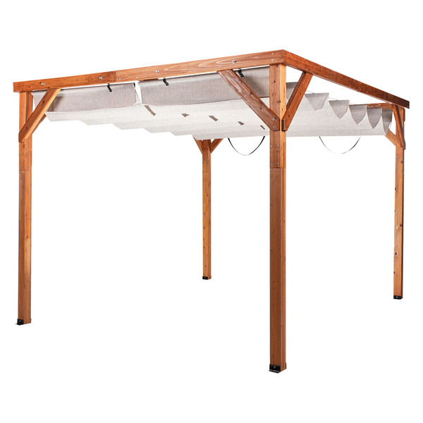 Pergola aus Holz mit beigefarbenem ausziehbarem Sonnensegel und flachem Dach.