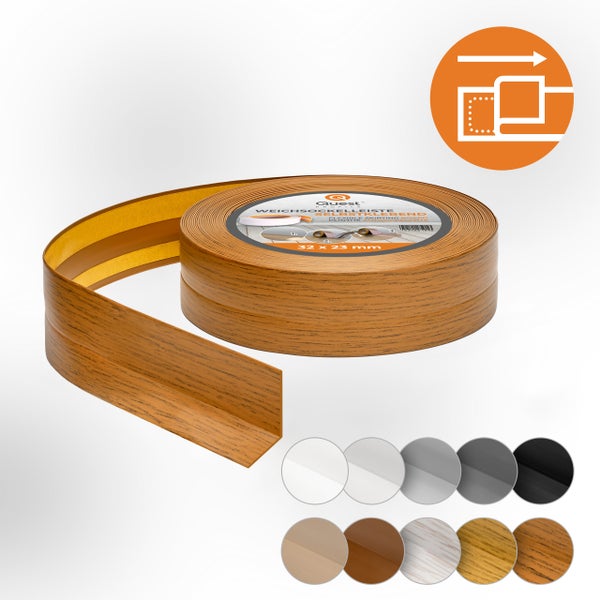 Quest Weichsockelleiste Selbstklebend 32 x 23 mm, PVC Sockelleiste, Flexibel, Eiche Rustikal, 15 Meter