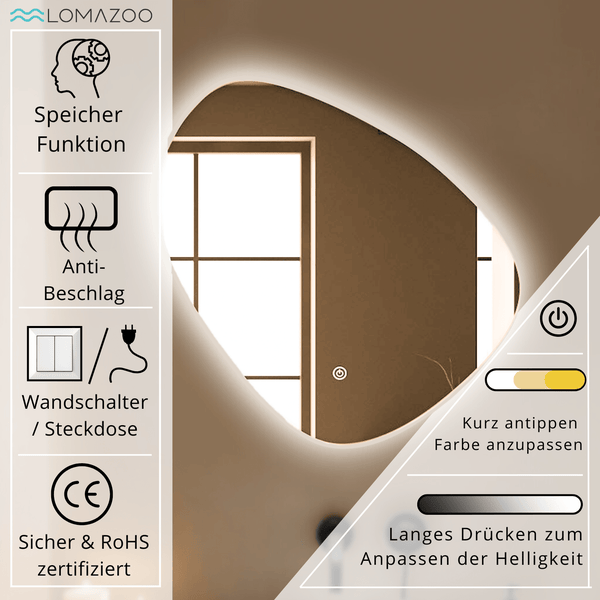 Wandspiegel mit LED Beleuchtung asymmetrisch mit Speicherfunktion Antibeschlagfunktion und einstellbarer Lichtfarbe sowie Helligkeit