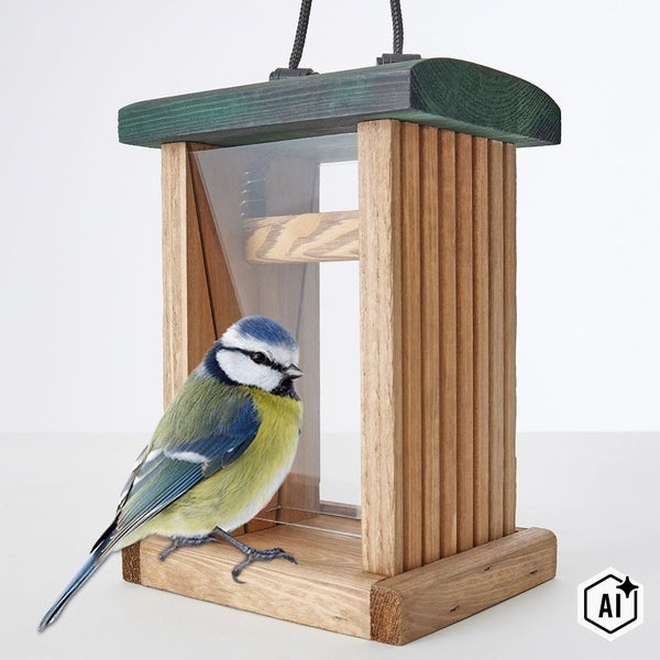 Vogelhaus aus Holz mit Sichtfenster und einer Blaumeise, geeignet für die Vogelfütterung im Garten.