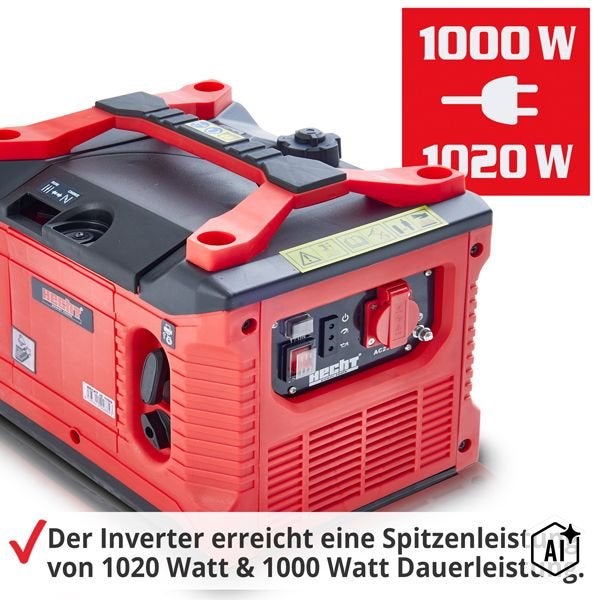 Hecht Inverter Stromerzeuger mit 1000 Watt Dauerleistung und 1020 Watt Spitzenleistung.