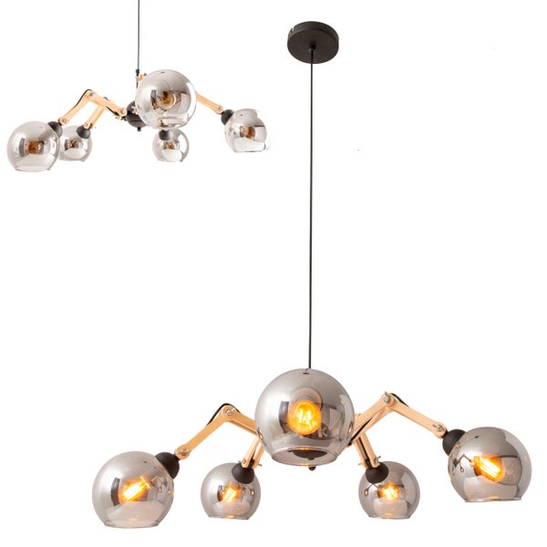 5er Glas-Pendelleuchte SOITO Hängelampe aus Metall, Glas und Gummibaumholz, mit E14-Fassung, für Esszimmer, Wohnzimmer, Diele oder Büro, 80 cm Durchmesser