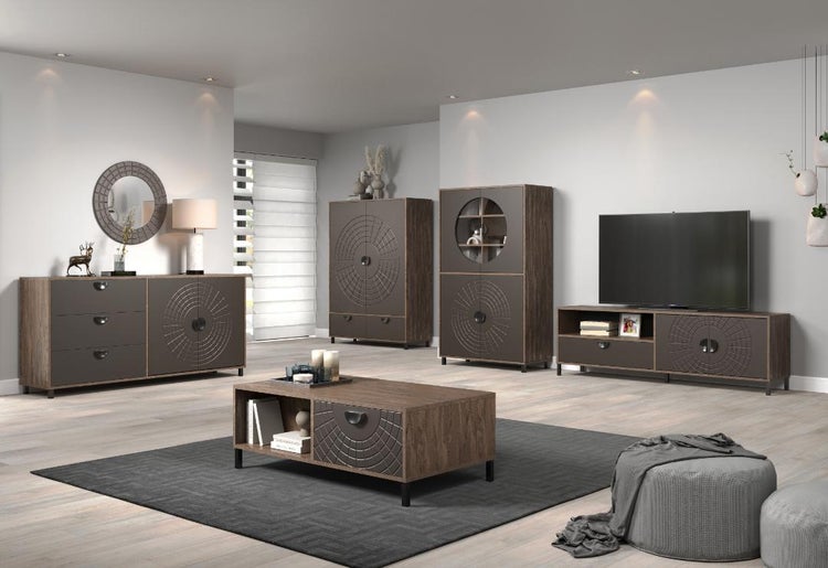 Wohnzimmer-Szene mit Kommoden, Schränken, Couchtisch und Fernsehtisch im modernen Design