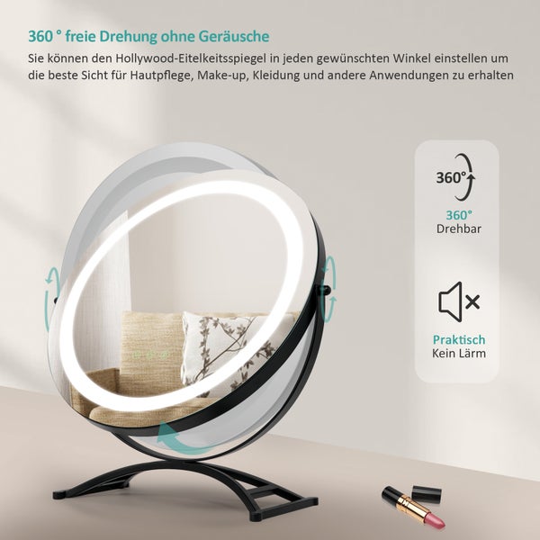 EMKE Kosmetikspiegel mit Beleuchtung ф40cm, Tisch-Standspiegel, mit Touchschalter & Memory-Funktion, 3 dimmbare Lichtfarben, 360° drehbar, bohrfrei, Schwarz