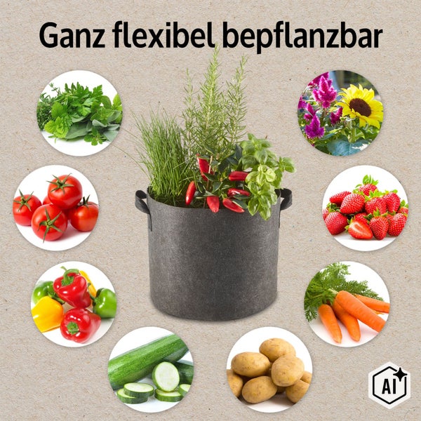Ein runder Pflanztopf aus Filz mit Griffen, bepflanzt mit Kräutern und Chili, umgeben von Bildern verschiedener Gemüsesorten und Blumen.