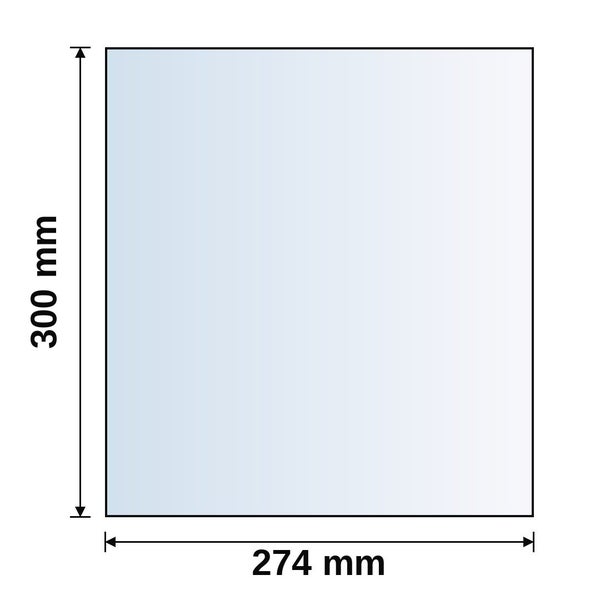 Technische Zeichnung einer rechteckigen Platte mit den Maßen 300 Millimeter Höhe und 274 Millimeter Breite.