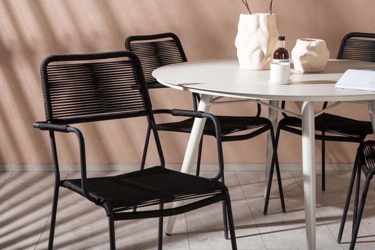 Lina Gartenset Tisch Ø120cm beige, 4 Stühle Lindos schwarz. 120 X 120 X 74 cm