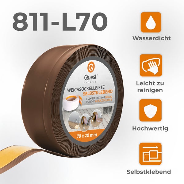 Quest Weichsockelleiste, Breite Sockelleiste 70 x 20 mm, PVC Knickleiste für Wand, Boden, Flexibel, Braun, 1 Meter