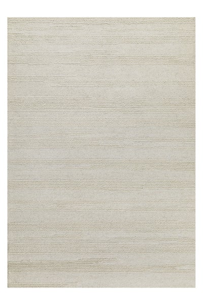 Rechteckiger beiger Teppich mit horizontaler Rippenstruktur.