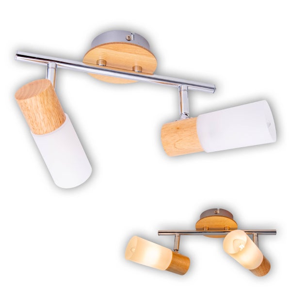 Deckenleuchte mit zwei Strahlern aus Holz und Metall