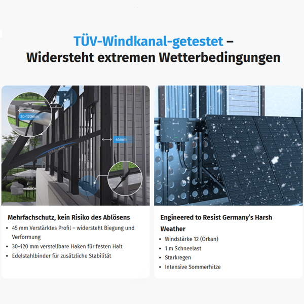 Balkonkraftwerk Solarmodule an Geländer montiert, verstellbare Halterung für 30 bis 120 Millimeter Breite, passend für diverse Balkongeländer.