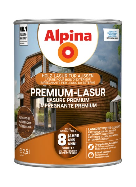 Alpina Premium Holzlasur für Außen in Palisander, 2,5 Liter Gebinde mit Langzeitschutz und UV Schutz für Holzoberflächen im Außenbereich.