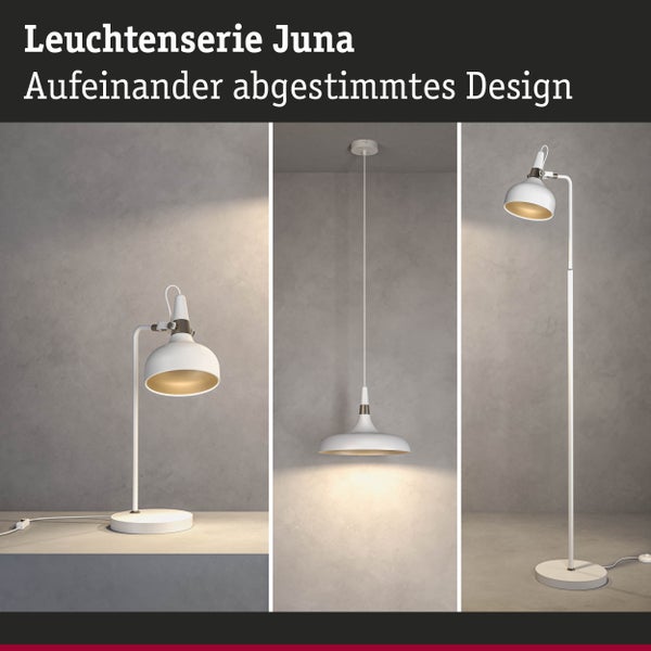 Die Leuchtenserie Juna umfasst eine Tischleuchte, eine Pendelleuchte und eine Stehleuchte in einem abgestimmten Design.