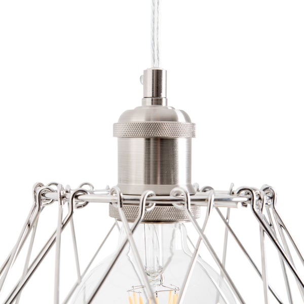 Hängelampe mit Metalldrahtkäfig und Glühbirne