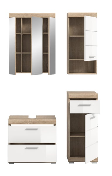 Badezimmermöbel-Set in Holzoptik mit weißen Fronten, bestehend aus Spiegelschrank, Hängeschrank, Waschbeckenunterschrank und Hochschrank.