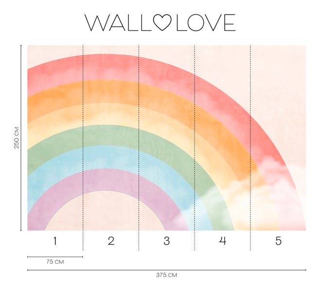 Wall Love Fototapete mit Regenbogenmotiv und Maßangaben