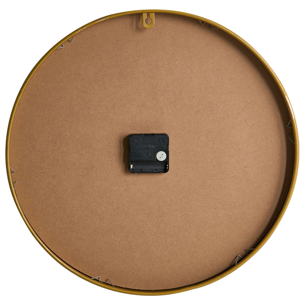 Rückseite einer runden Wanduhr mit Uhrwerk