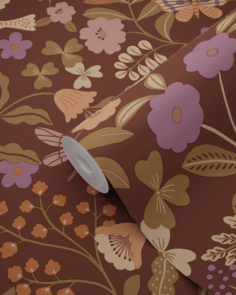 ESTAhome Tapete Blumen und Vögel Braun, Grün, Terrakotta und Lila - 50 x 900 cm - 131467
