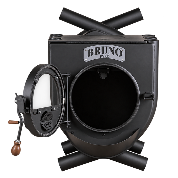Bruno Pyro Warmluftofen aus Stahl mit offener Brennraumtür und Holzgriff