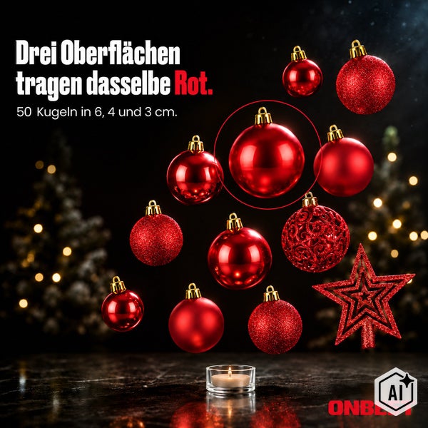 Set mit 50 roten Weihnachtskugeln in drei Oberflächen und unterschiedlichen Größen mit einem Stern und einem Teelicht