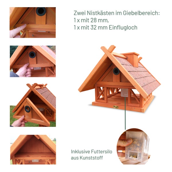 Vogelhaus aus Holz mit zwei Nistkästen und Futtersilo