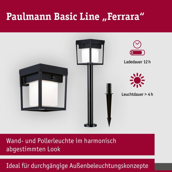 Paulmann Basic Line Ferrara Wandleuchte und Pollerleuchte mit Erdspieß sowie Angaben zur Ladedauer von 12 Stunden und Leuchtdauer von über 4 Stunden