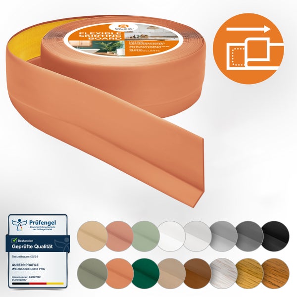 Flexible PVC Weichsockelleiste von Quest als Rolle mit selbstklebender Rückseite inklusive Qualitätssiegel Prüfengel.