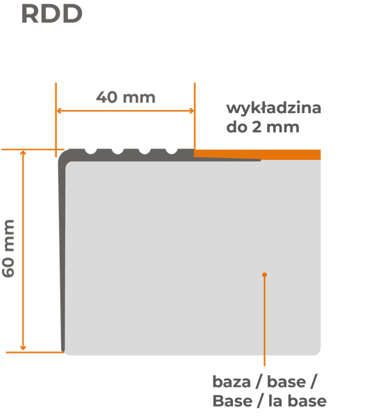 Abmessungen des RDD Profils: 60 mm Höhe, 40 mm Breite, Belag bis 2 mm, Basis