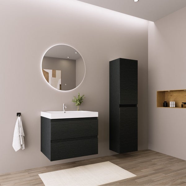 Modernes Badezimmer mit schwarzem Waschtischunterschrank, weißem Waschbecken, rundem beleuchtetem Spiegel und Hochschrank.