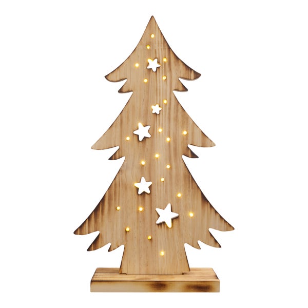 Dekorativer Weihnachtsbaum aus Holz mit Sternen und Beleuchtung