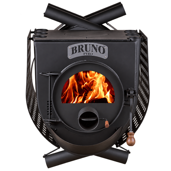 Bruno Pyro Warmluftofen aus Stahl mit Sichtfenster und brennendem Feuer im Inneren