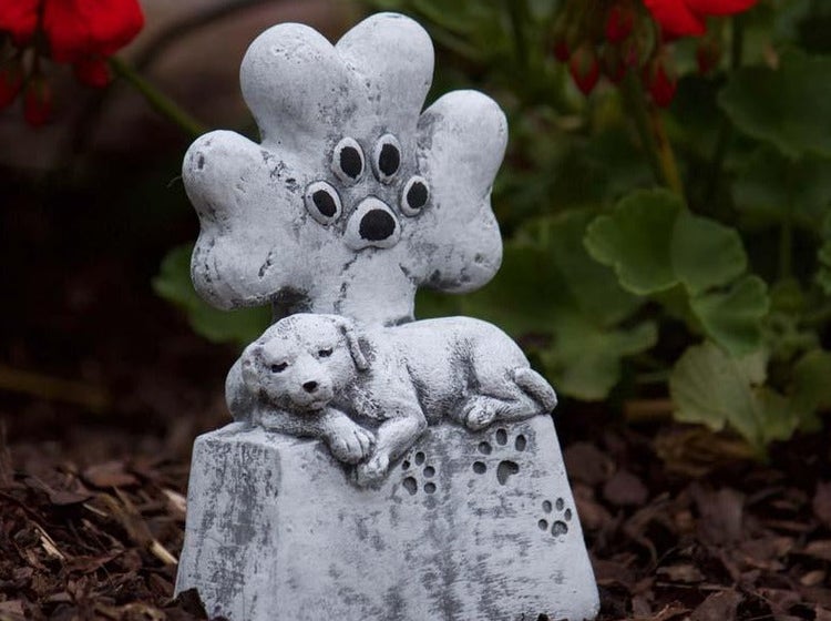 Gedenkstein für Haustiere aus Stein mit liegendem Hund und Pfotenabdruck Motiv für den Garten.