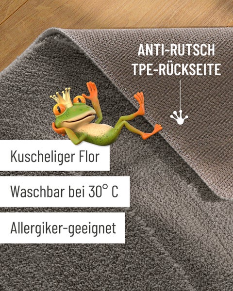 Badematte mit kuscheligem Flor, rutschfester TPE-Rückseite, waschbar bei 30 Grad und für Allergiker geeignet.