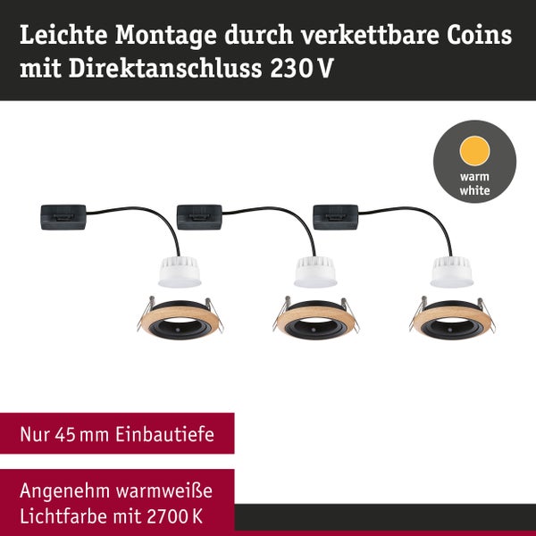 Drei miteinander verbundene LED Einbaustrahler mit Holzoptik Ring und 230 Volt Direktanschluss fuer eine Einbautiefe von 45 Millimeter.