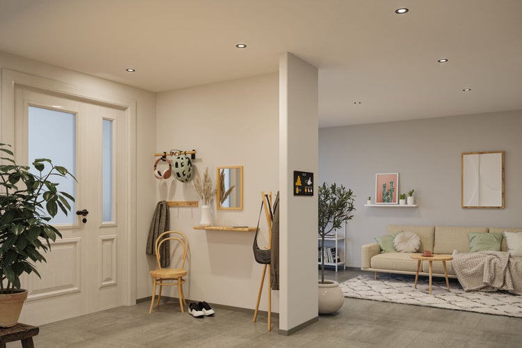 Ein moderner, offener Wohnbereich mit Flur und angrenzendem Wohnzimmer, gestaltet in hellen, natürlichen Tönen mit minimalistischen Holzmöbeln.