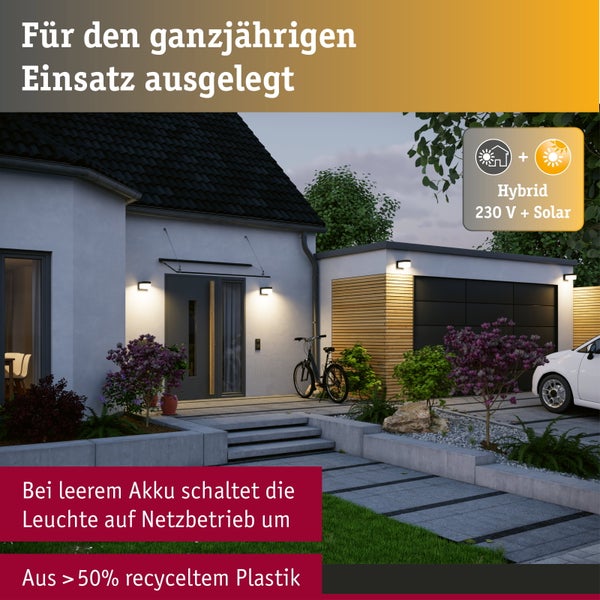Hybrid-Außenleuchte für das ganze Jahr, umschaltbar zwischen Solar und 230 Volt Netzbetrieb, aus über fünfzig Prozent recyceltem Kunststoff.