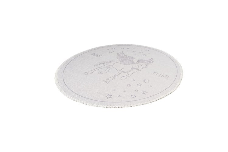 Runder Kinderteppich mit Pegasus-Motiv, Sternen und dem Schriftzug Dream My Life.