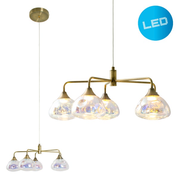 LED Pendelleuchte 5-flammig Varna, Pendellampe aus messingfarbenem Metall und irisierendem Glas, fest verbaute LEDs, 50 cm Durchmesser, stilvolle Beleuchtung für Wohnzimmer, Esszimmer oder Diele