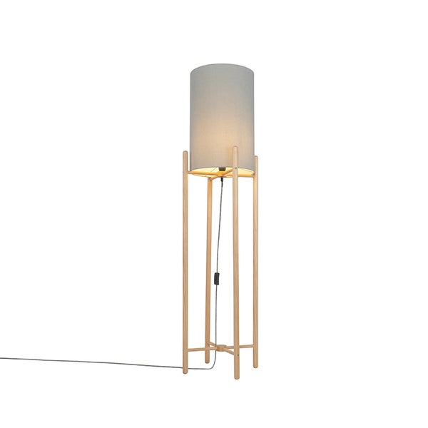 QAZQA - Landhaus I Vintage Land Stehlampe Holz mit grauem Schirm - Lengi I Wohnzimmer I Schlafzimmer - Textil Länglich I Zylinder - LED geeignet E27