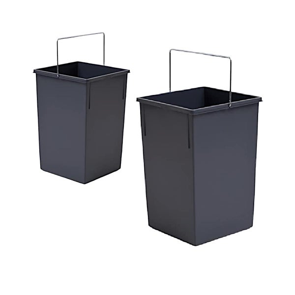 Zwei graue rechteckige Kunststoff Abfalleimer mit Metallbügeln für Mülltrennsysteme.