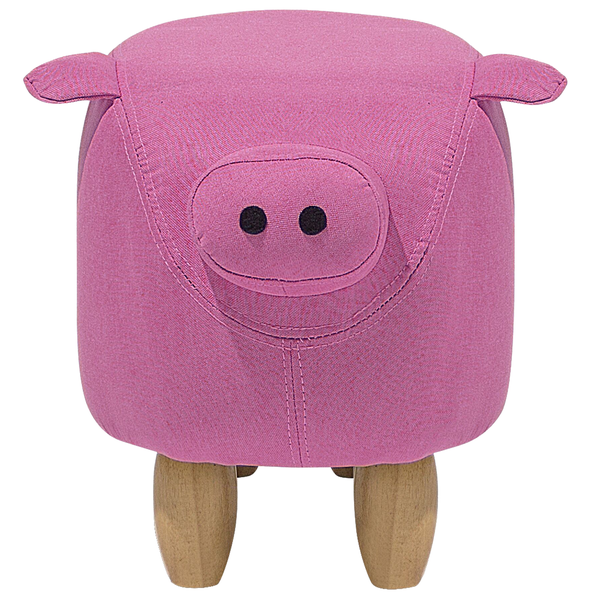 Polsterhocker in Schweineform aus Textil mit Holzbeinen in Rosa.
